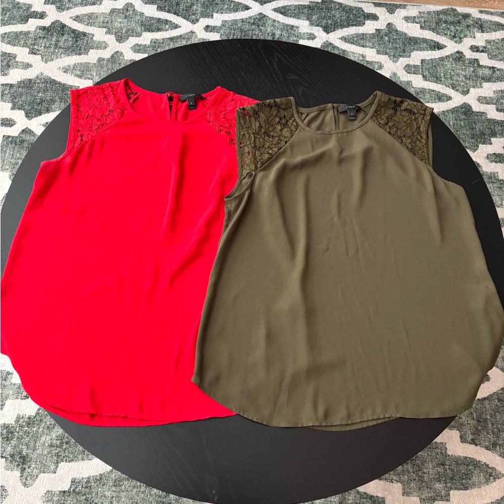 J. Crew Red and Olive Lace Sleeve Blouses